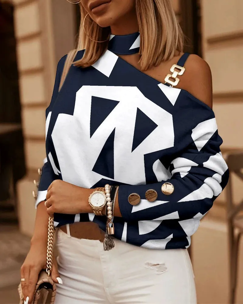 Autumn and Winter Long-Sleeved Button Oblique Shoulder Tops Halter