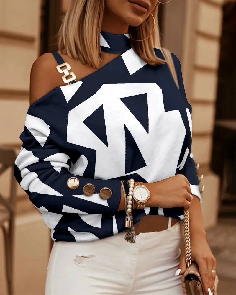 Autumn and Winter Long-Sleeved Button Oblique Shoulder Tops Halter
