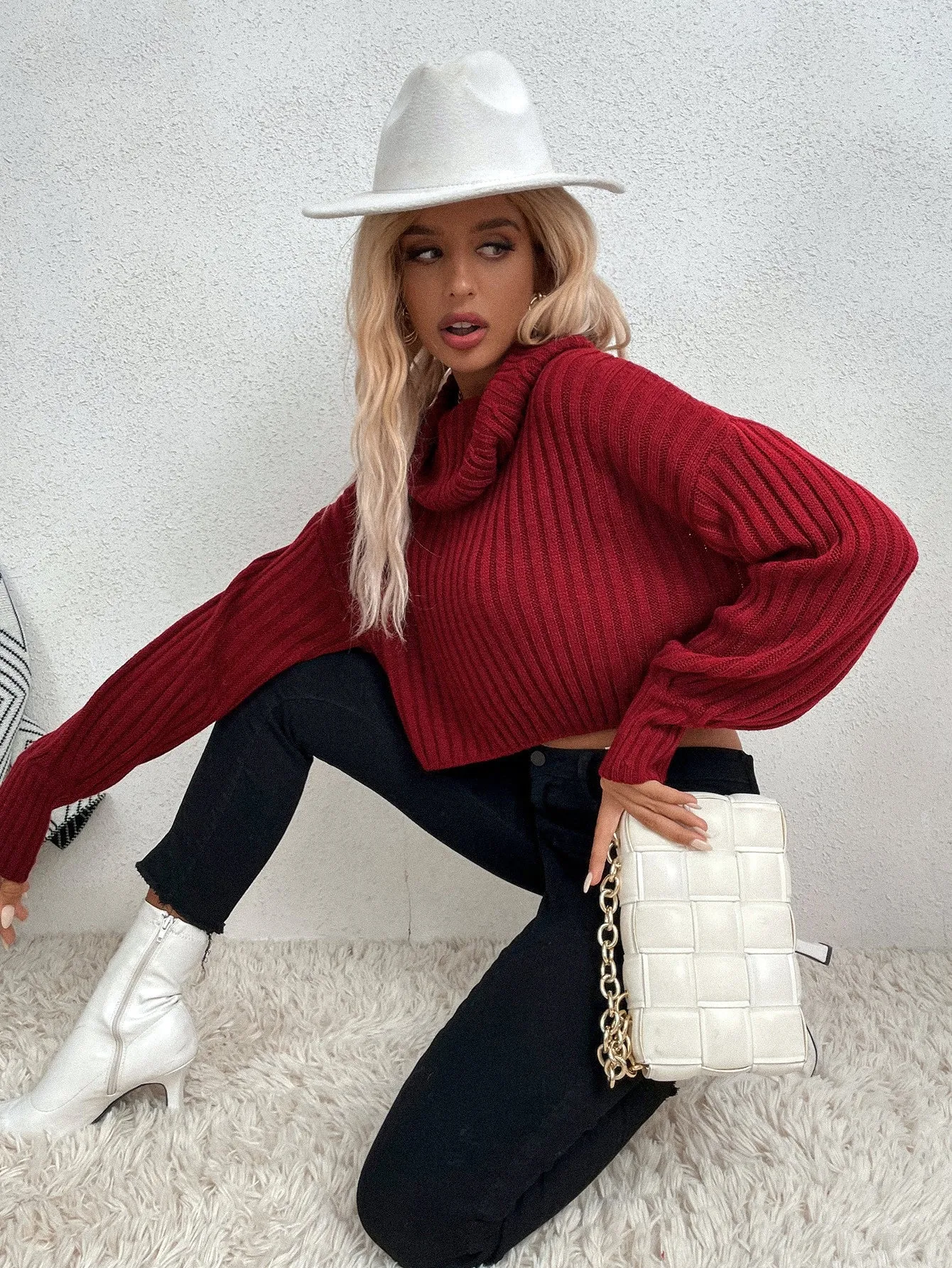 Casual Plain Rib-Knit Long Sleeve Cowl Neck Crop Women Sweater