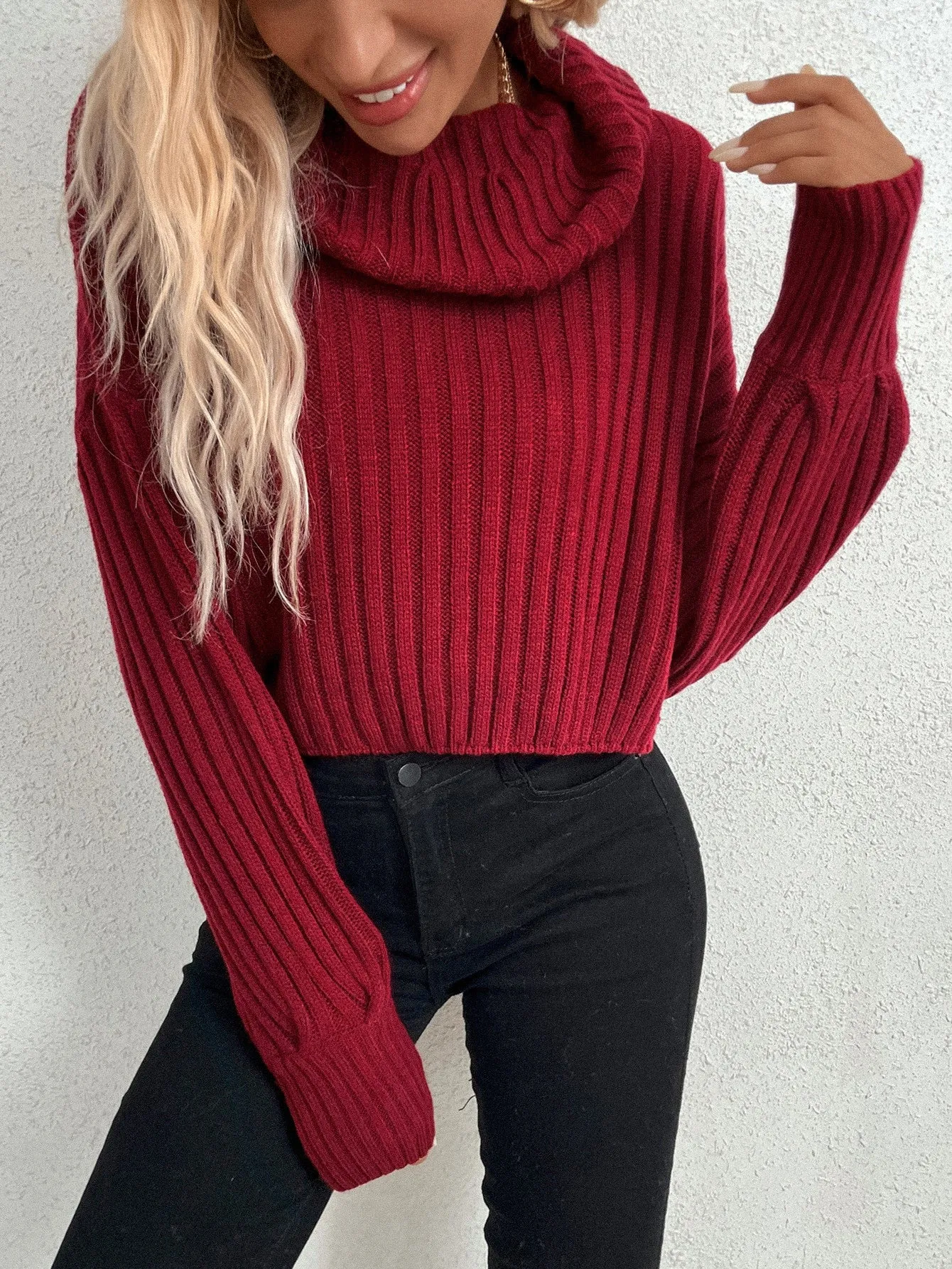 Casual Plain Rib-Knit Long Sleeve Cowl Neck Crop Women Sweater