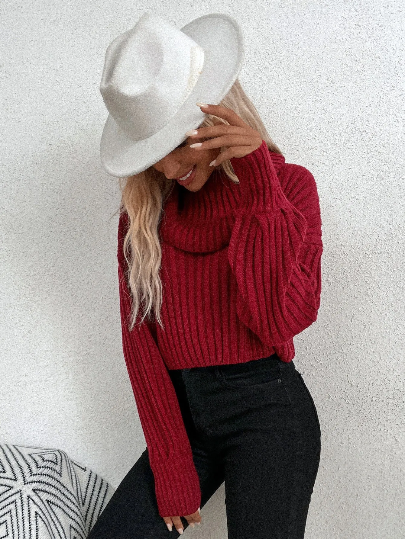 Casual Plain Rib-Knit Long Sleeve Cowl Neck Crop Women Sweater