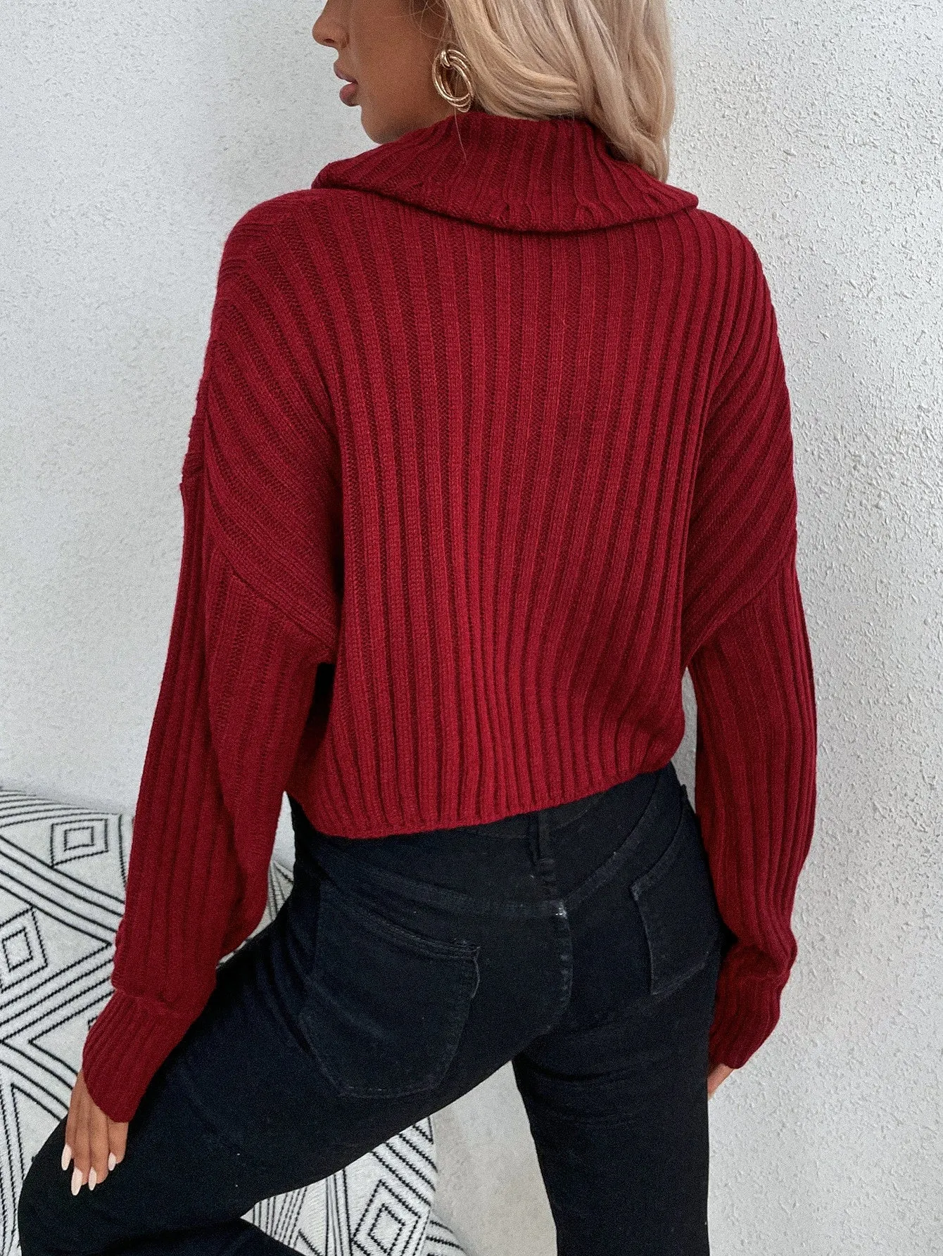 Casual Plain Rib-Knit Long Sleeve Cowl Neck Crop Women Sweater