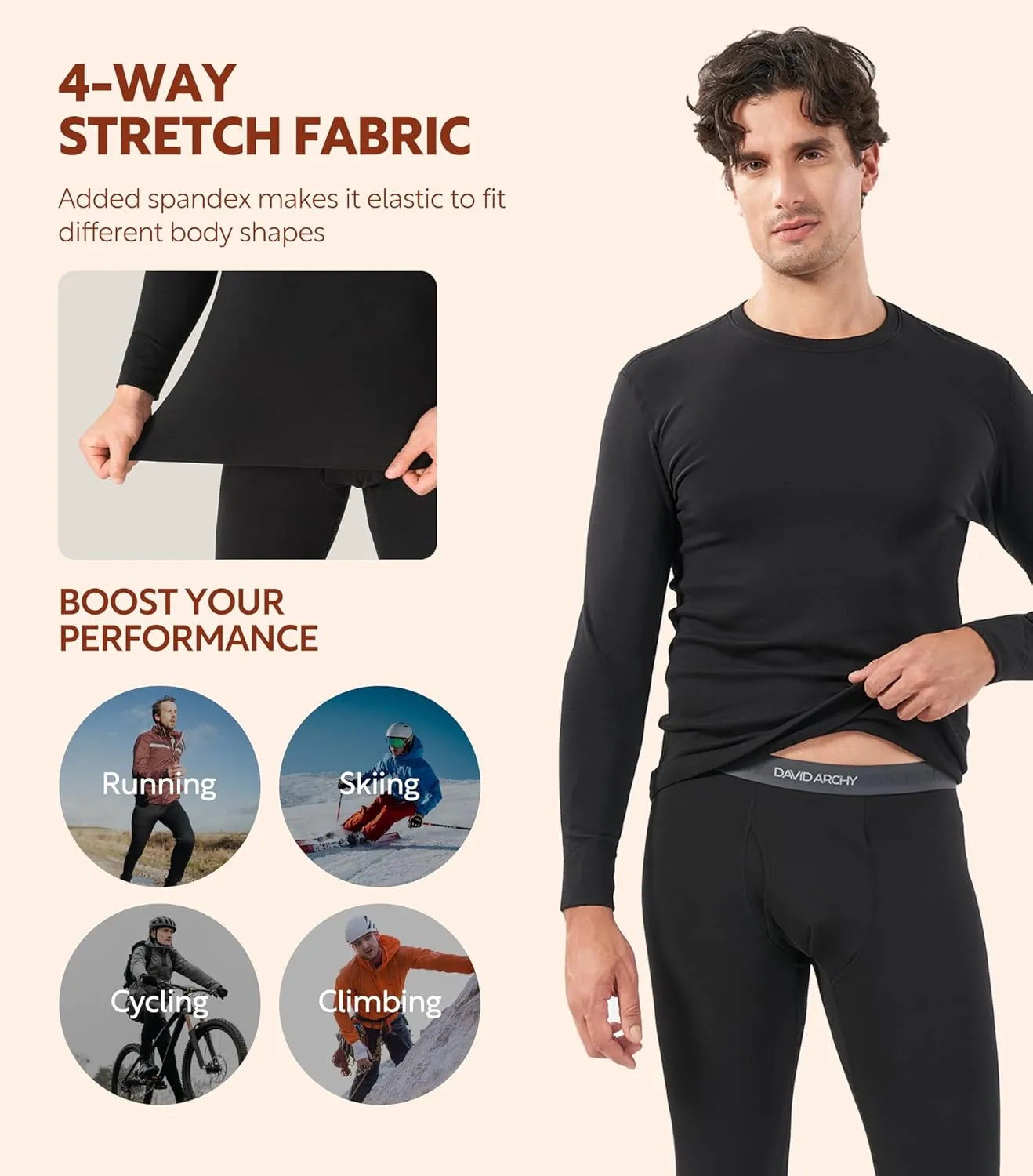 DAVID ARCHY Mens Lightweight Thermal Underwear - Breathable Comfort for Cool Weather, Ideal for Active Use