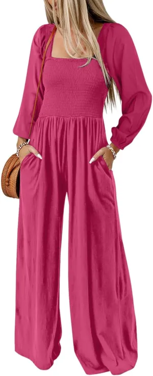 Dokotoo Womens Overalls Pink Rose Jumpsuits for Women Casual Loose Fit Solid Color Wide Leg One Piece Long Sleeve Jumpsuit Long Pant Rompers with Pockets2 024 Fashion Medium