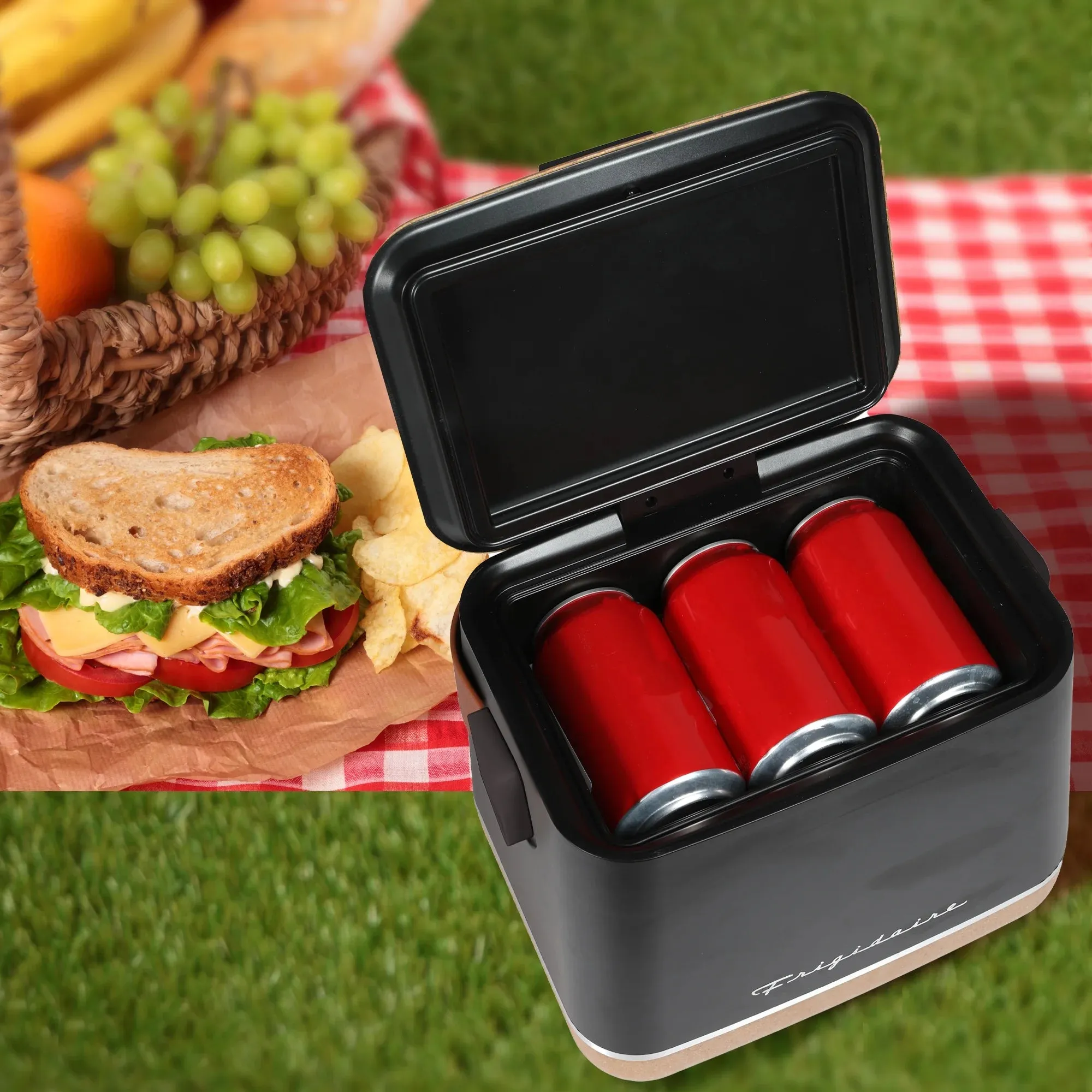 Frigidaire, Portable Top Opening Lid Insulated 6-Can Mini Personal Fridge Cooler, EFMIS310, Black