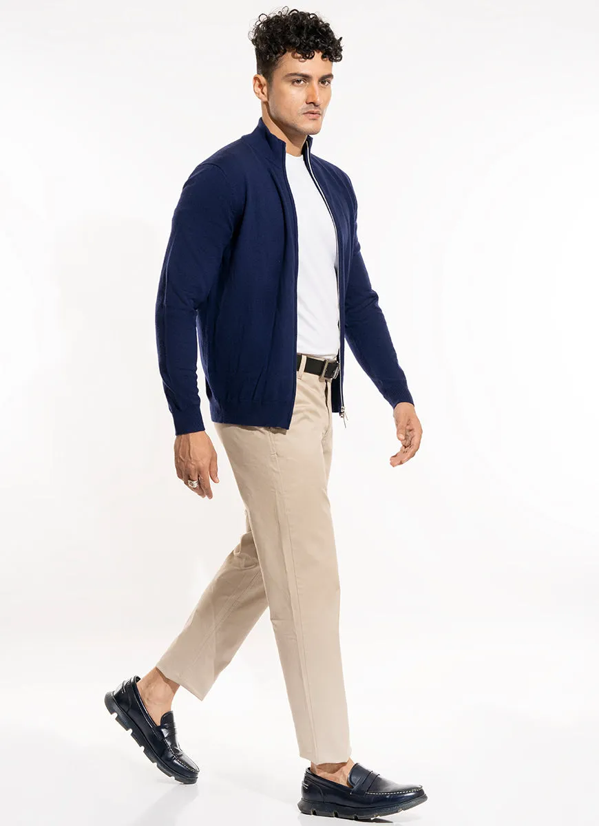 Full Zip Sweater - Merino Wool Navy Plain