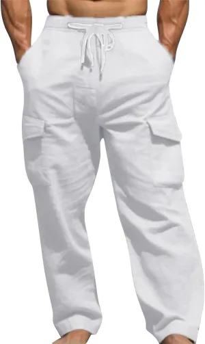Men Linen Pants with Pockets Plus Size Beach Casual Pants Summer Vacation Open Bottom Slacks Solid Relaxed Trousers