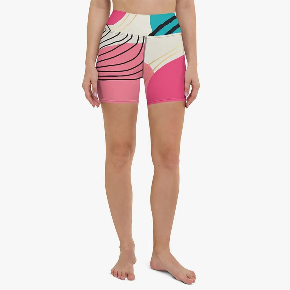 Printed Yoga Shorts "Modernist" Fuchsia/Turquoise