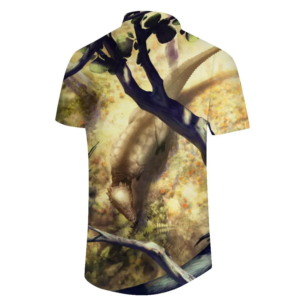Short Sleeve Dinosaur Print Shirt Beach Party Outfit Summer Tops Men's Button Lapel Loose Hawaiian Shirt