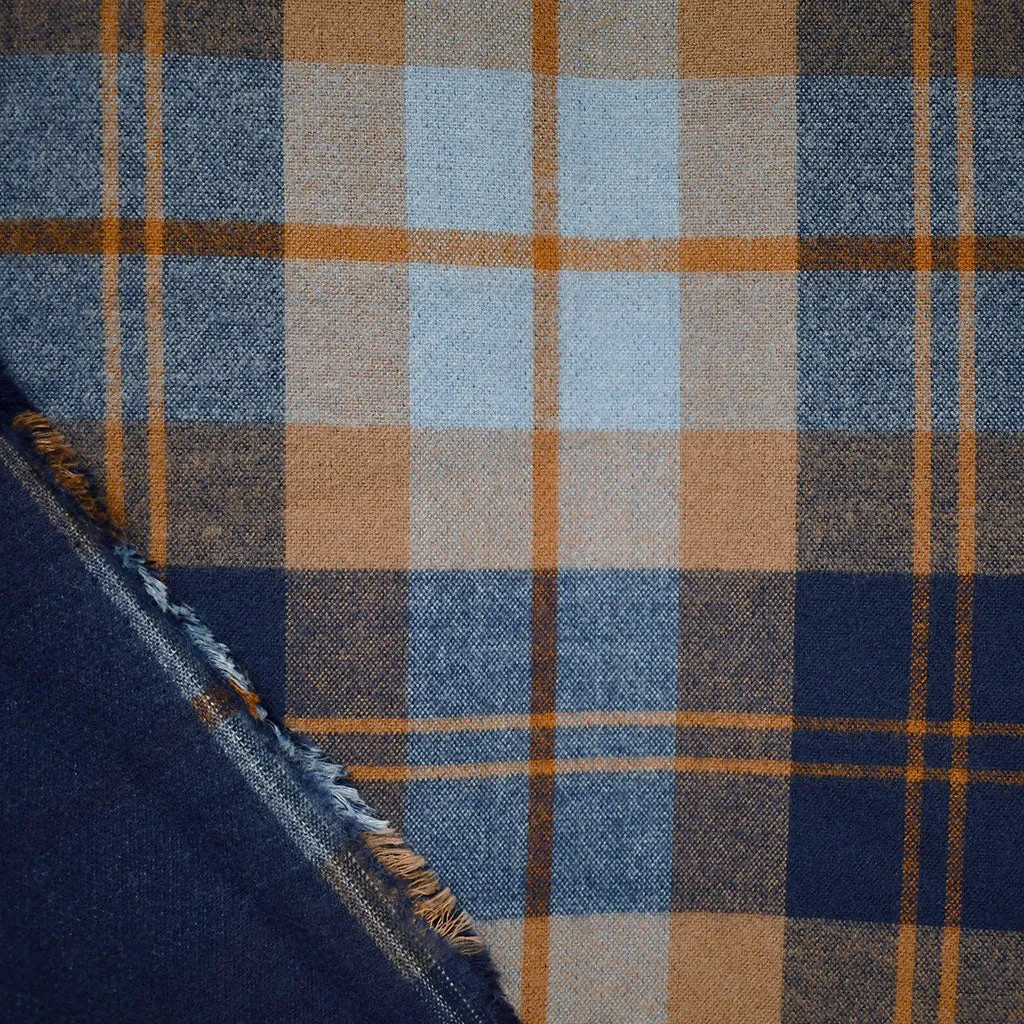 Soft Plush Reversible Grid Plaid Coating Denim/Caramel