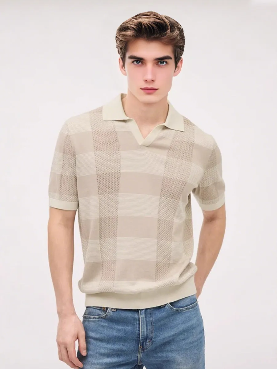 Textured Knit Grid Pattern Polo