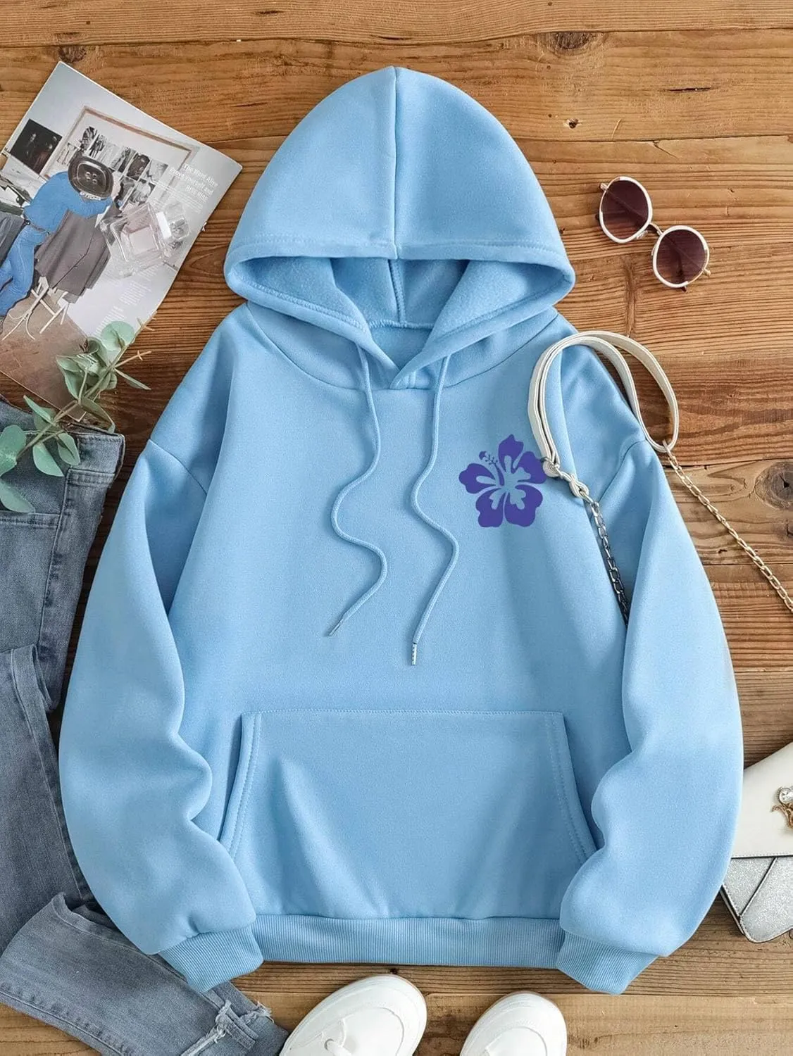 Women Oversized Letter Graphic Print Hoodie Casual Baggy Long Sleeve Drop Shoulder Pullover Hooded with Pockets