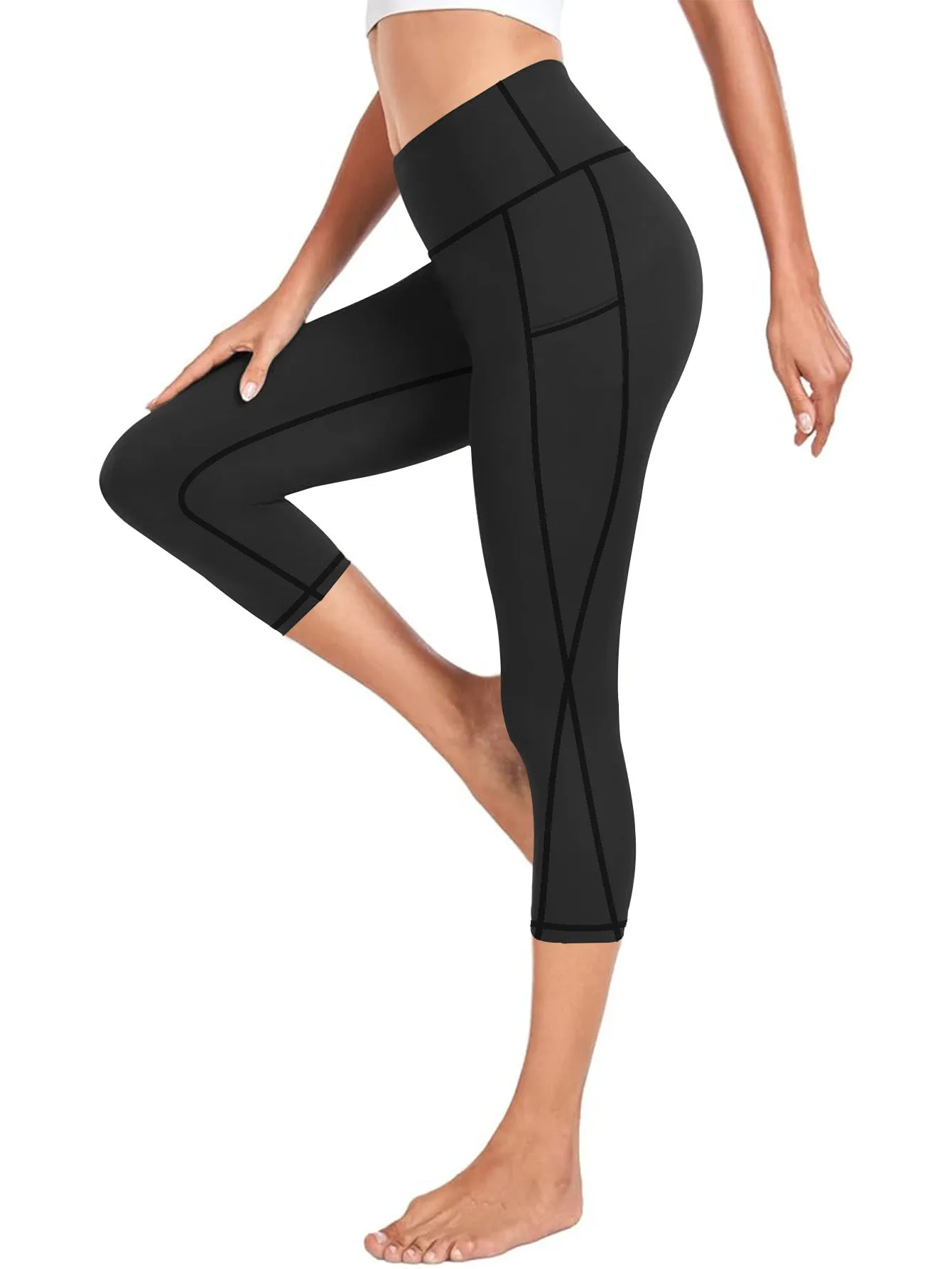 Women's High Waisted Yoga Capri Pants with Pockets Tummy Control Workout Leggings for Women Moisture Wicking 4-Way Stretch Athletic Compression Shorts for Gym Running Pilates Plus Size S-XXL