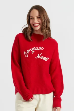 Women's Sweater Chinti and Parker Red Wool-Cashmere Joyeux Noel hand embroidered stitch detail Size XS-3L