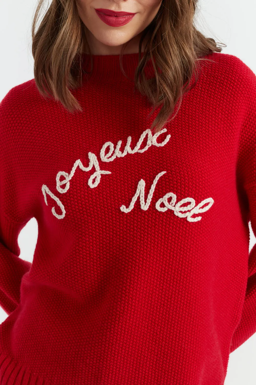 Women's Sweater Chinti and Parker Red Wool-Cashmere Joyeux Noel hand embroidered stitch detail Size XS-3L